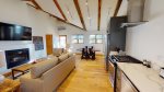 Contrasting ceiling beams create a unique space
